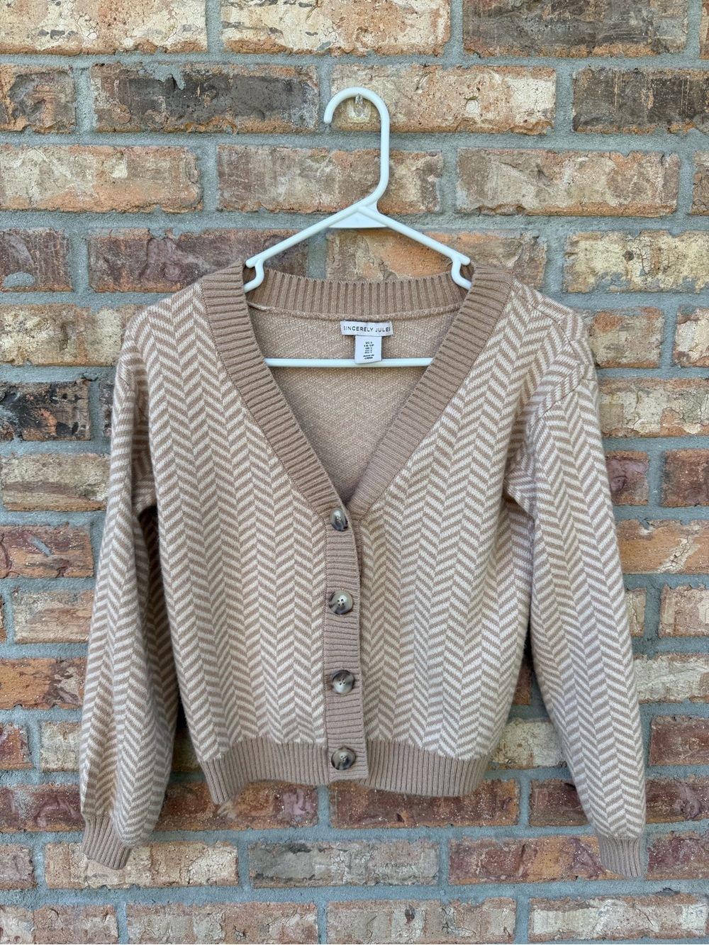 Sincerely Jules Beige & Light Brown Chevron V-Neck Button Cardigan